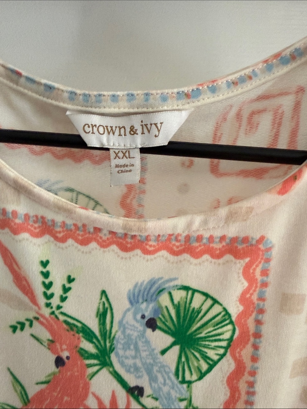 crown & ivy Cream Midi Dress with Coral, Green & Light Blue Tropical Print